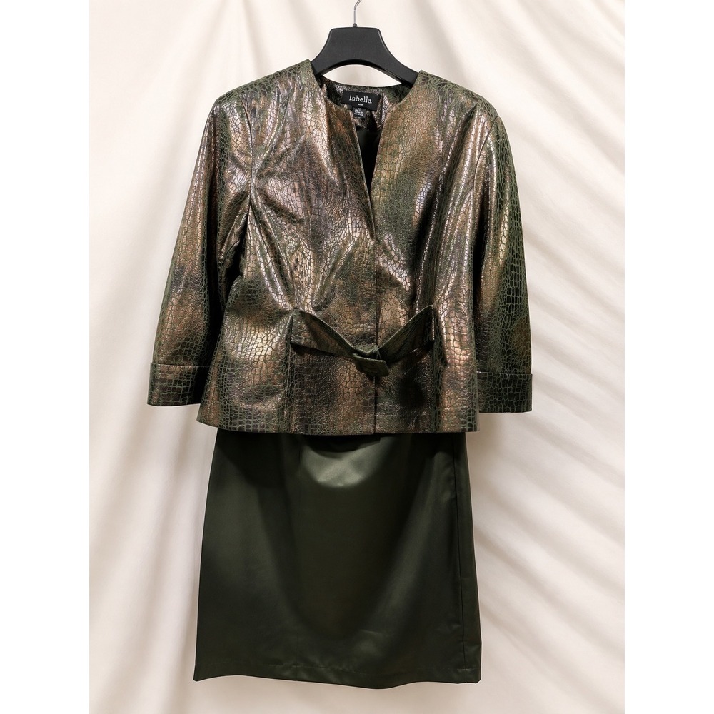 Isabella Suits Women 12 Olive Green Metallic Faux Croc Jacket & Satin Skirt Set